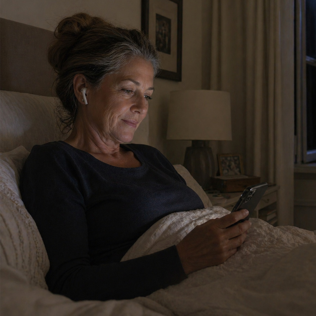 woman sitting in bed at night listening to a calming audio story