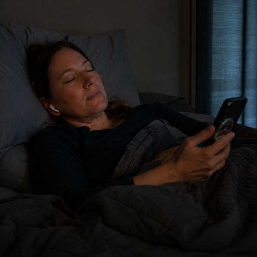 woman lying in bed listening to an sleep audio podcast