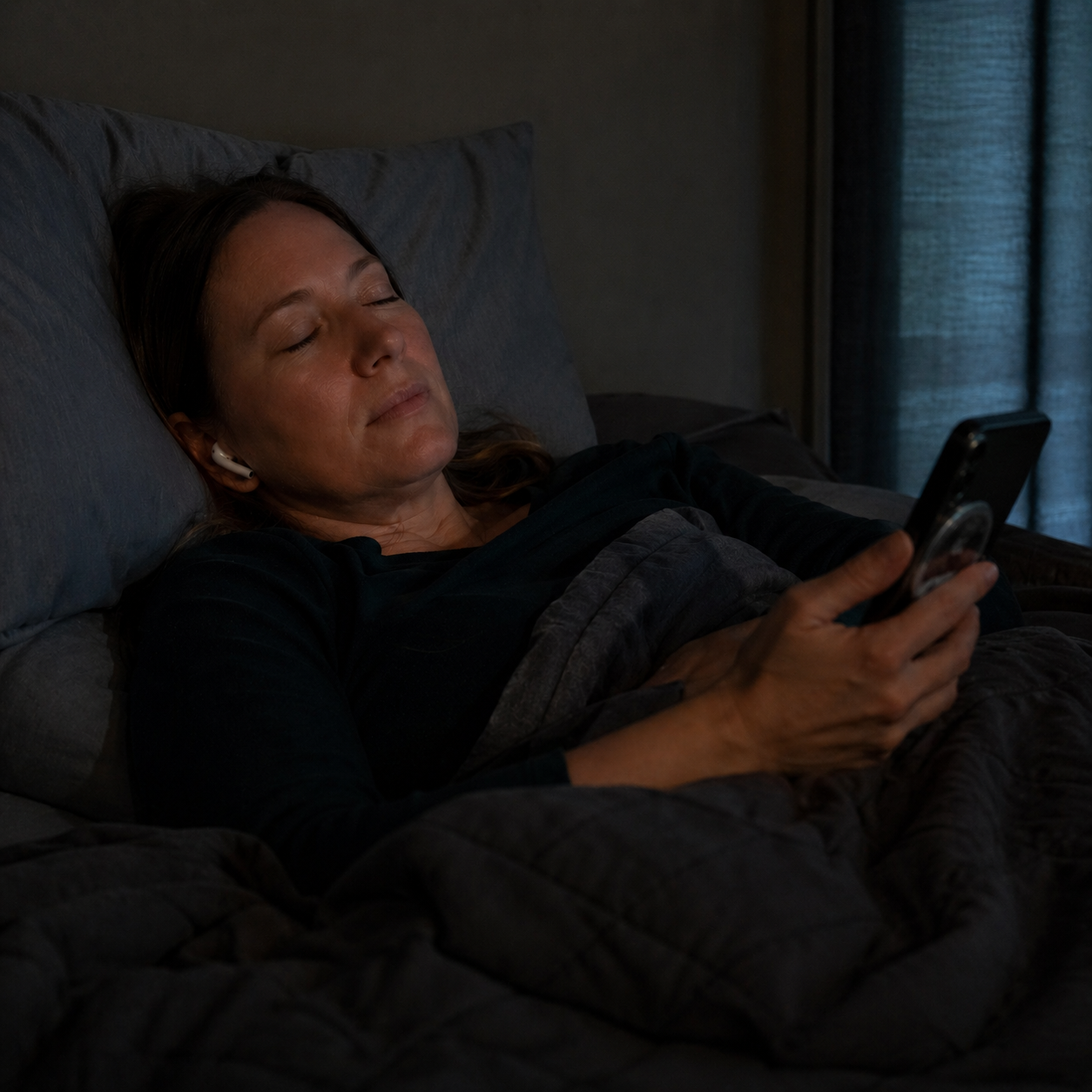 woman lying in bed listening to an sleep audio podcast